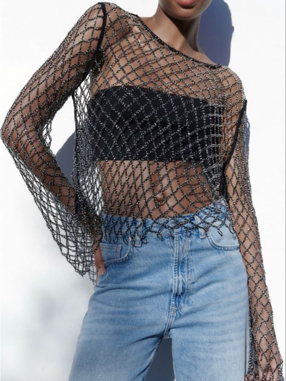 Zara Black Sheer Beaded Mesh Long-Sleeve Top